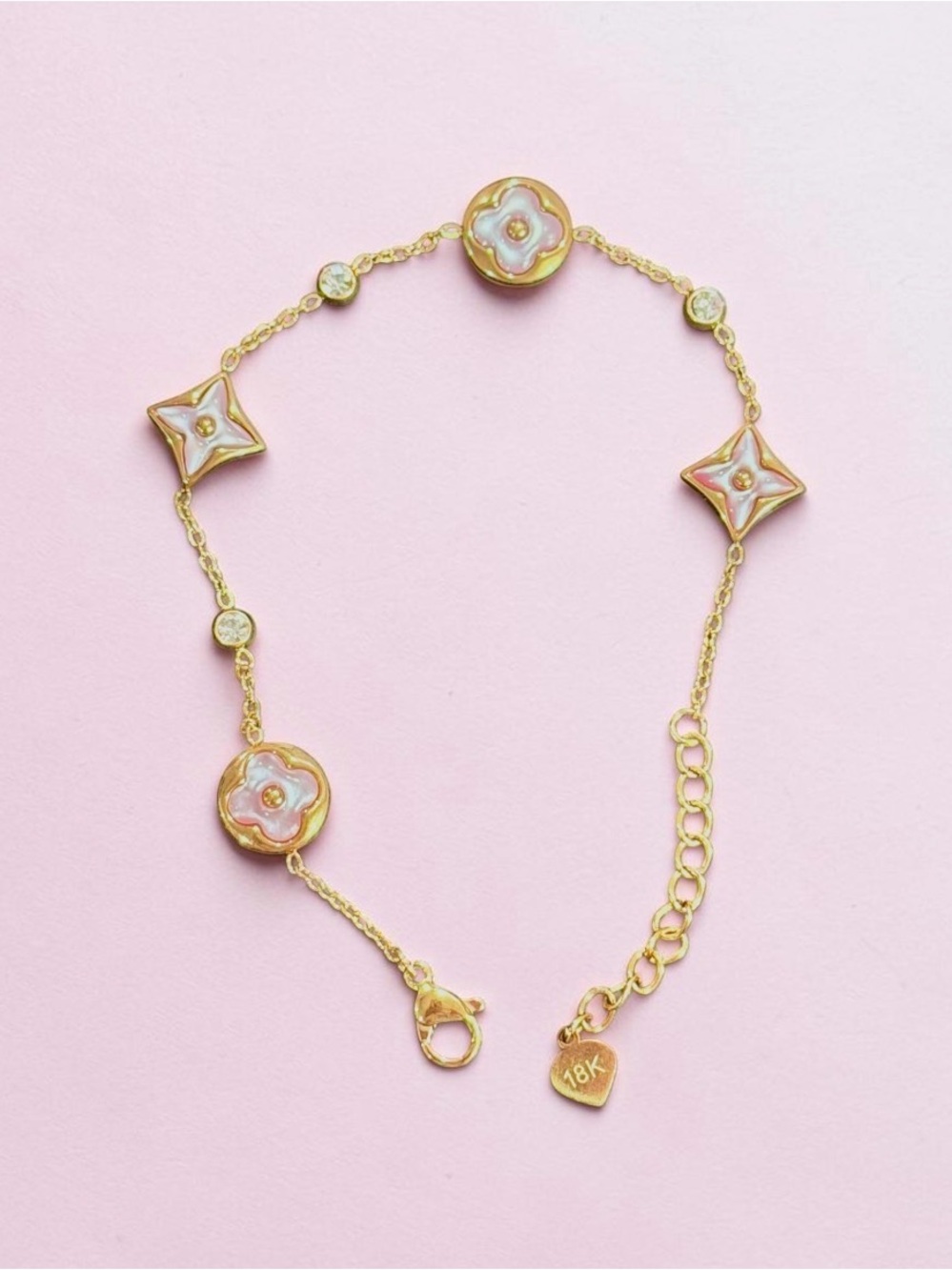 18K Plated High Quality Gold Pink Enamel Flower & Star Bracelet | NEW
